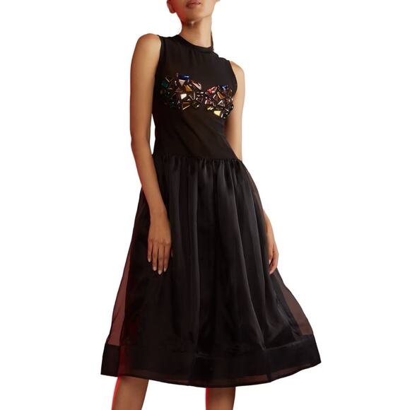 NWT Cynthia Rowley Express Yourself Organza Black Gems Black Midi Dress Silk 8 - Picture 2 of 6